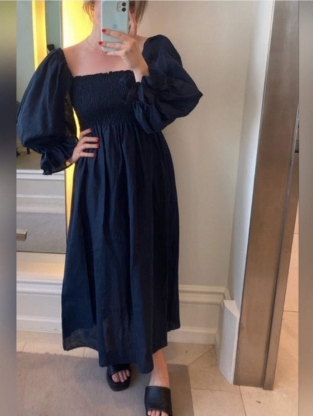 Sleeper. 100% linen atlanta midi dress in navy blue, large - Picture 5 of 14